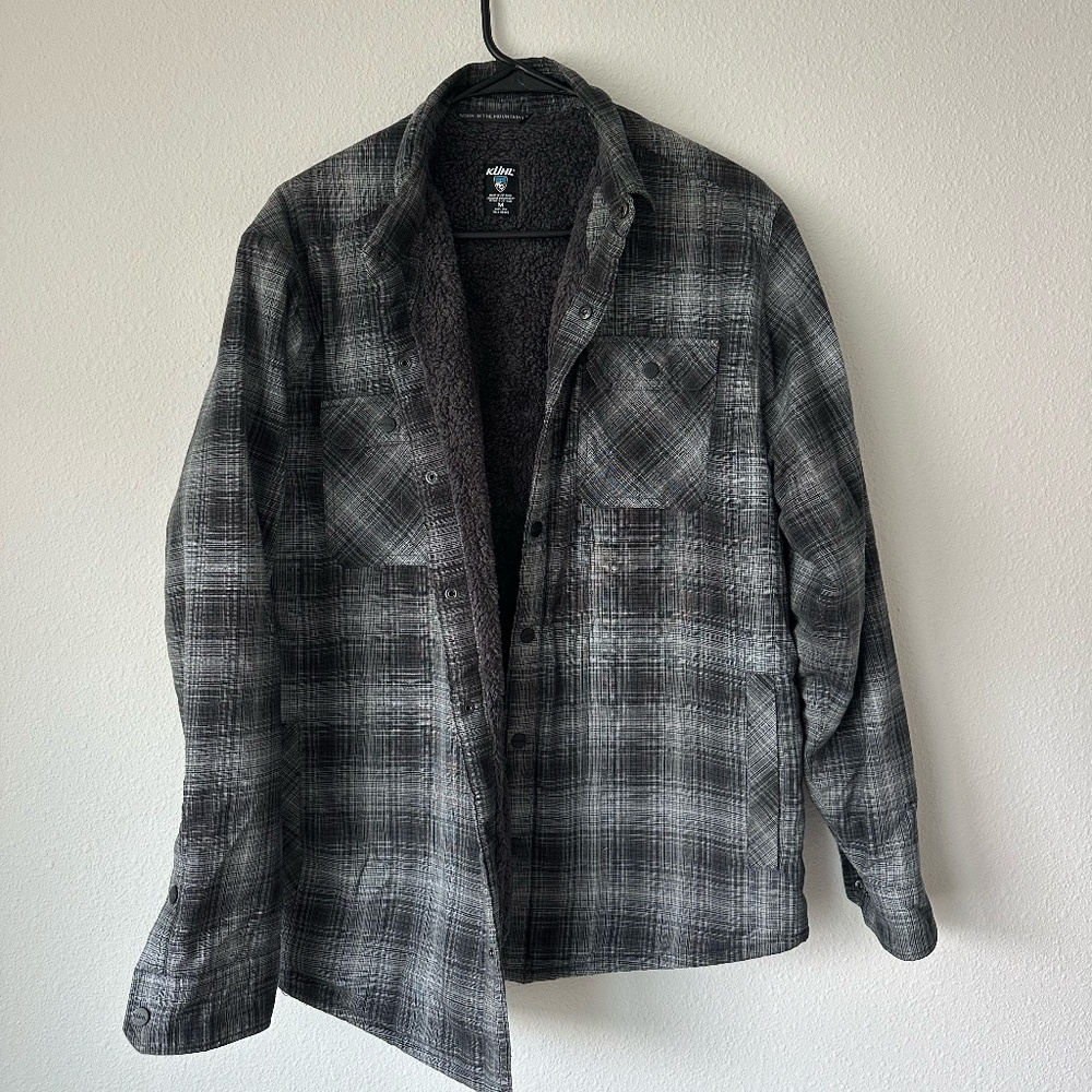 Kuhl Mens Joyrydr Fleece Lined Shirt Jacket Dark Gray Plaid Flanne, Size Medium